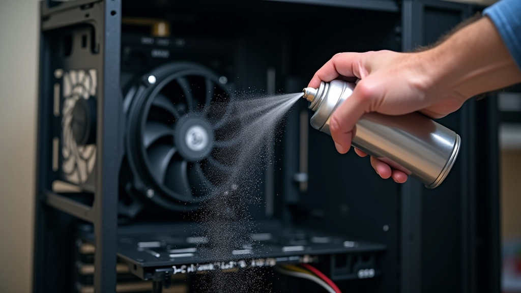 Ventoinha de computador desktop sendo limpa com ar comprimido