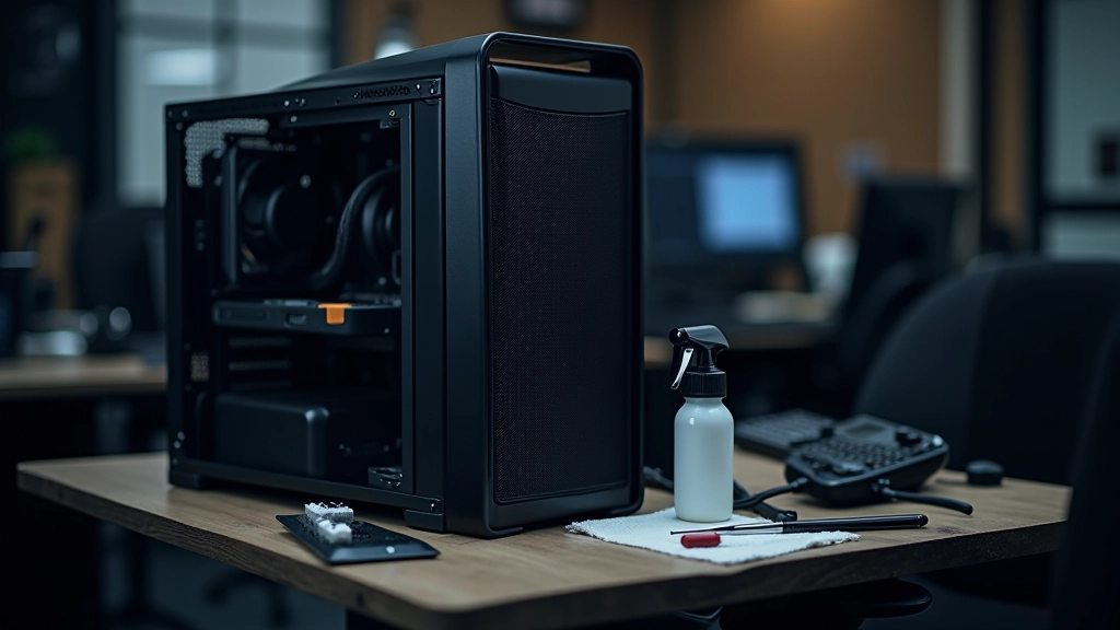 Computador desktop aberto com ferramentas de limpeza profissionais ao lado