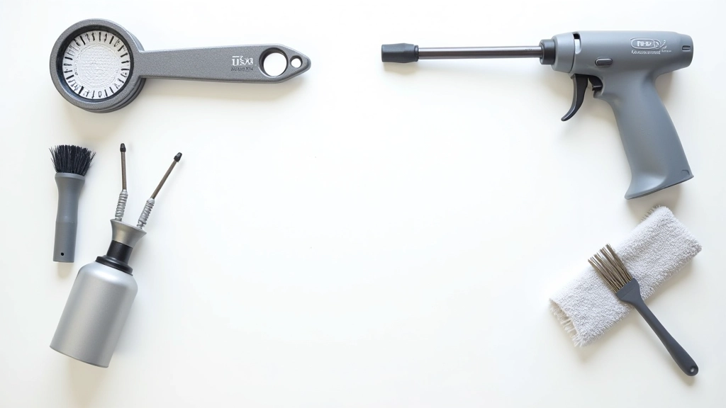 Kit de ferramentas para limpeza de computador com ar comprimido, pincéis antiestáticos, e chaves de parafuso dispostos em superfície branca
