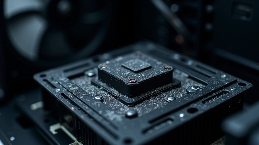 Interior de gabinete de computador desktop aberto mostrando ventoinhas com poeira acumulada e dissipador de calor