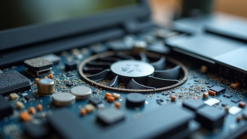 Computador portátil aberto mostrando interior com poeira acumulada