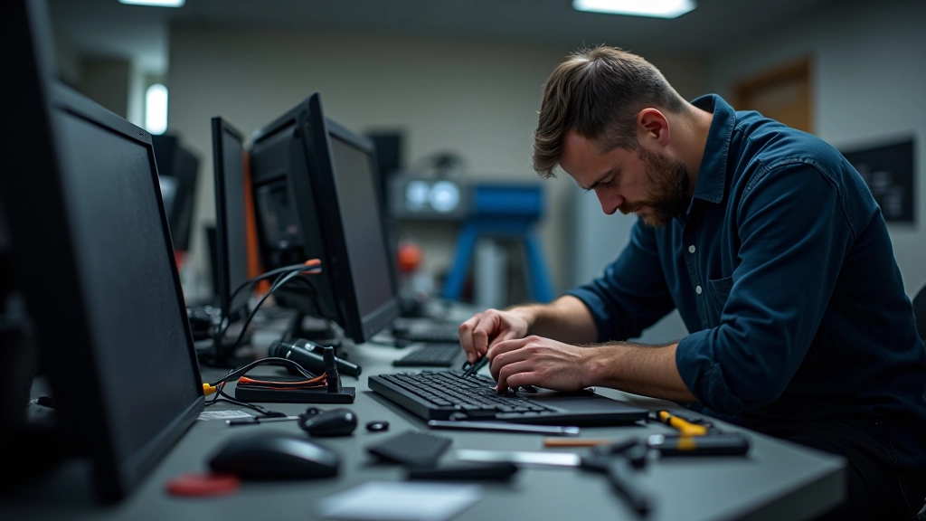 Mesa de trabalho com diversos componentes de computador e ferramentas de manutenção organizadas