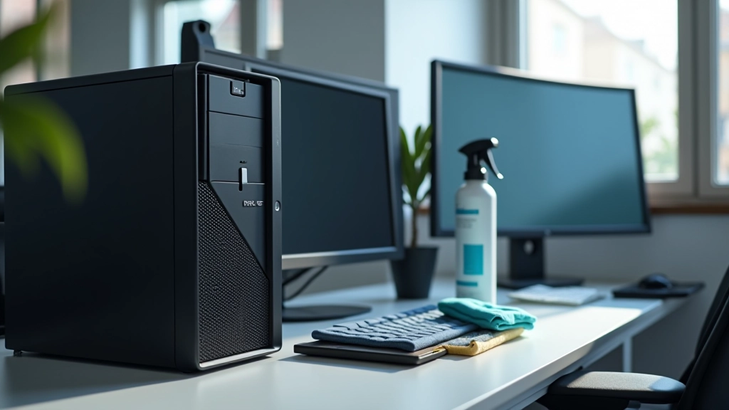 Desktop organizado com torre de computador, monitor e materiais de limpeza profissional